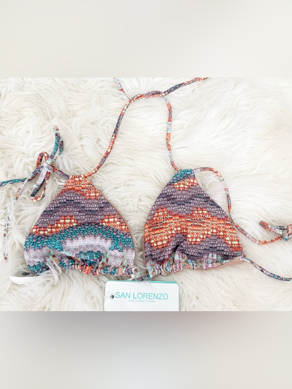 San Lorenzo Multicolor Crochet-Effect Triangle Bikini Top - Teal, Orange, Purple